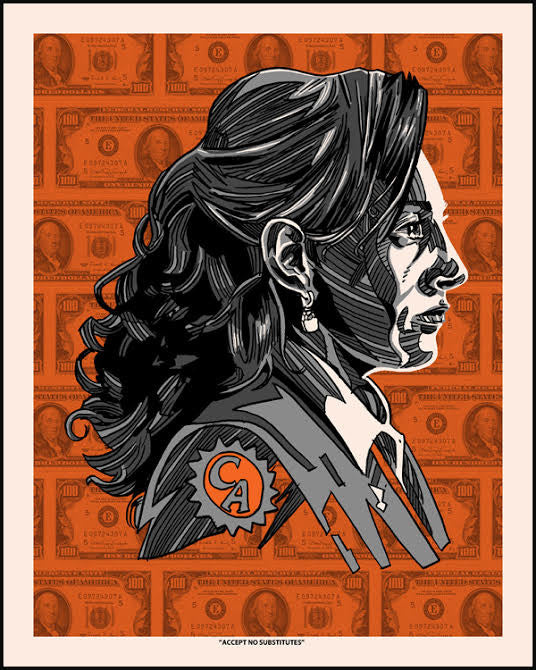 An illustrated side profile of a long-haired woman against an orange backdrop with dollar bills. CA is on her shoulder, and ACCEPT NO SUBSTITUTES stands out below, blending Quentin vs Coen-inspired bold colors and patterns. The design mirrors Tim Doyles screen print style.