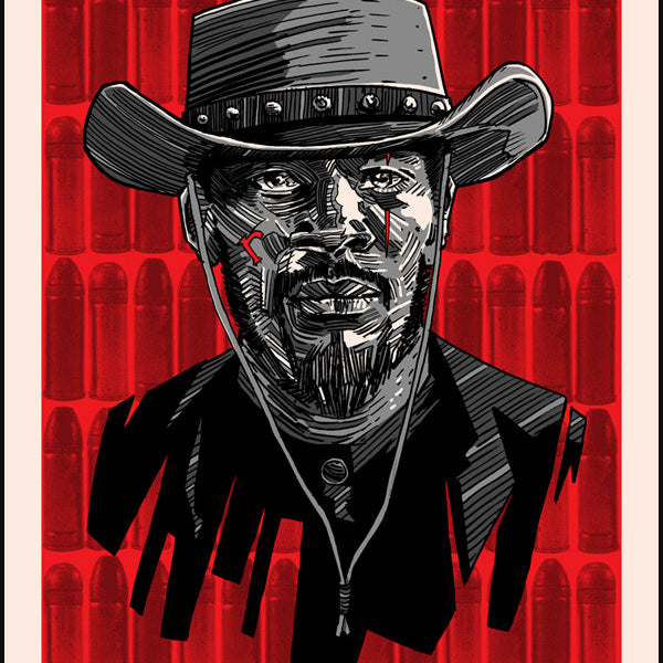 A black and white illustration of a man in a hat with red facial markings stands against a red bullet motif backdrop, capturing an intense Quentin vs Coen vibe. This screen print is inspired by Tim Doyles evocative style.