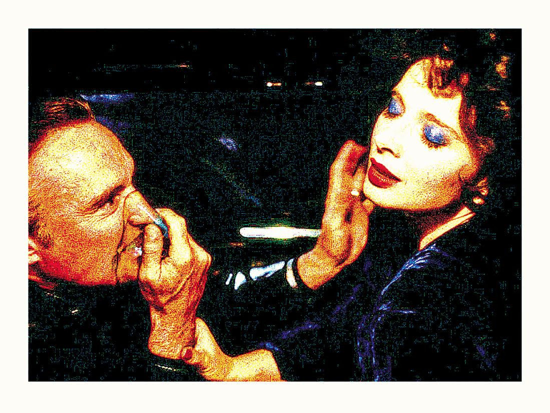 In a dimly lit setting reminiscent of a Blue Velvet scene, a man from Tim Jordans collection aggressively grasps a womans face. She wears bright blue eyeshadow and red lipstick, exuding distress. The screen print-style scene under fluorescent inks conveys palpable tension and intensity.