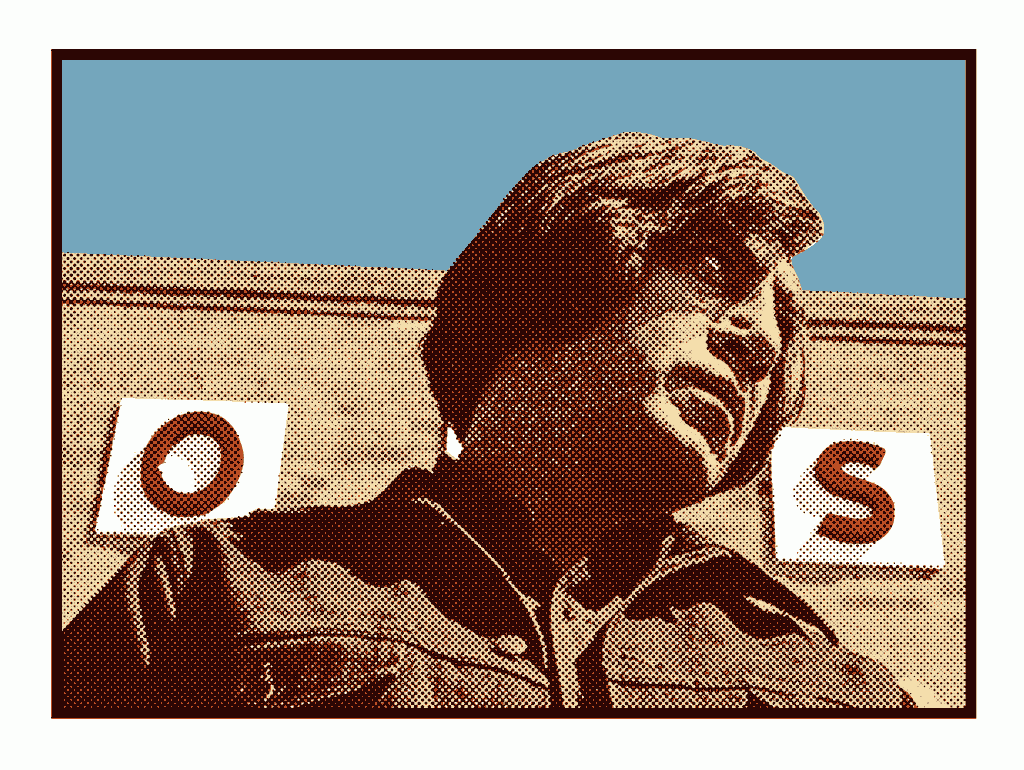 A Tim Jordan screenprint shows a person with long hair looking down, set against a building facade with large O and S letters. It features a halftone effect, echoing tension similar to an Anton Chigurh print against a blue sky.