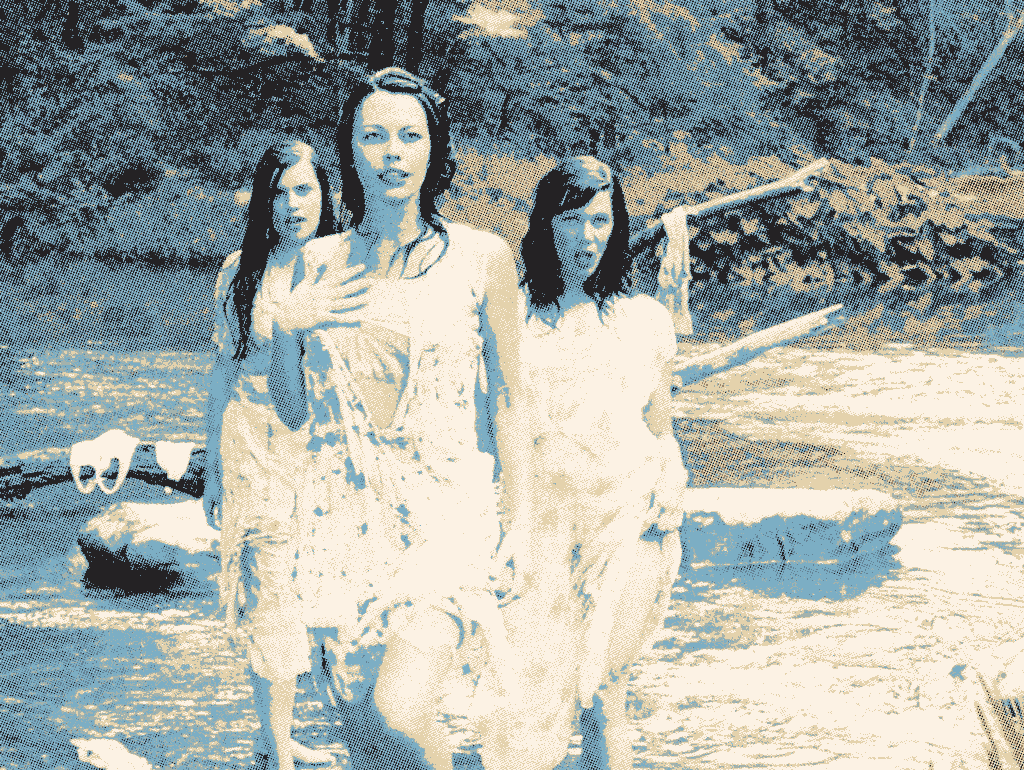 Three women in tattered dresses emerge from a river, their serious expressions captured in an intense vintage screenprint style. As they walk through the woods, a washed-out high-contrast filter gives this Tim Jordan limited edition piece cinematic drama reminiscent of Quentin vs Coen.