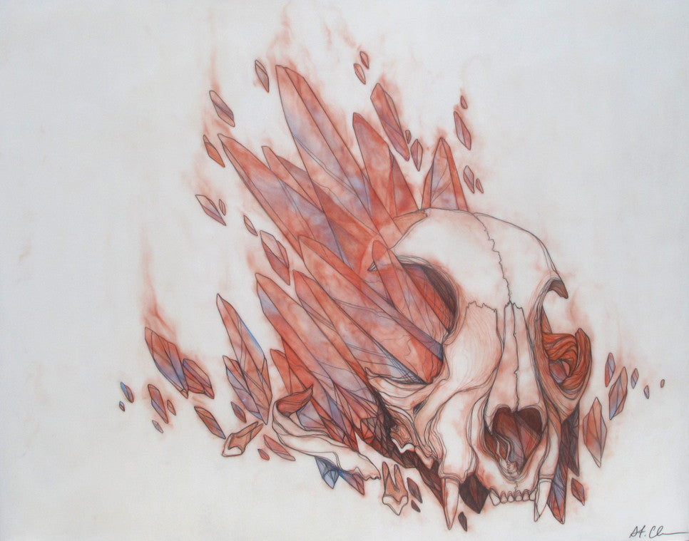 This untitled mixed media piece by Tina St. Claire depicts a stylized animal skull with red and blue crystals of varying sizes sprouting from it, creating a dynamic, fragmented look. Set in pastel hues, it evokes an ethereal and surreal effect.