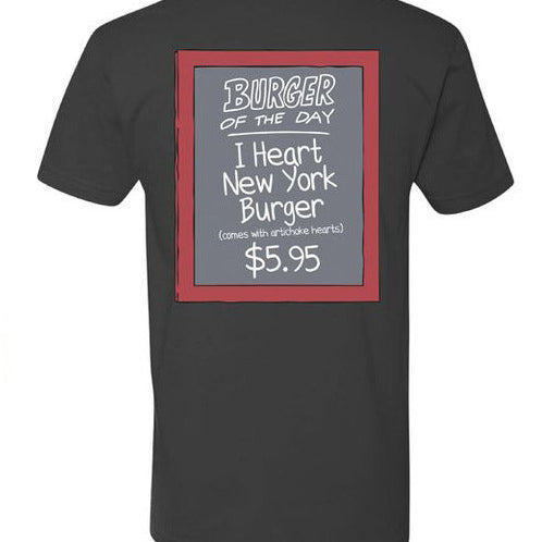 This licensed black Toddland t-shirt features a chalkboard design with BURGER OF THE DAY: I Heart New York Burger (comes with artichoke hearts) $5.95 in white on gray and a bold red border.