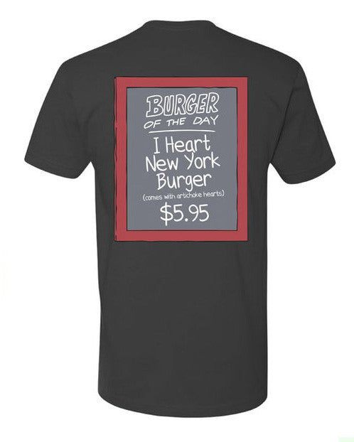 This licensed black Toddland t-shirt features a chalkboard design with BURGER OF THE DAY: I Heart New York Burger (comes with artichoke hearts) $5.95 in white on gray and a bold red border.
