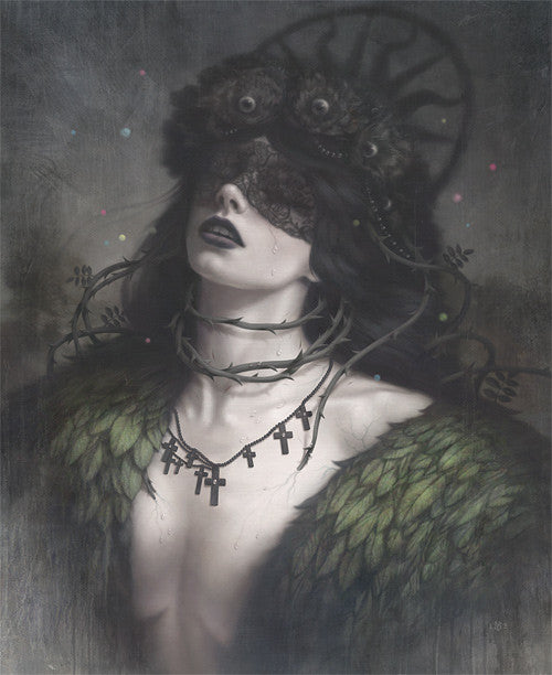A surreal digital painting by Tom Bagshaw features a dark-haired figure in a lace blindfold with eyes, wearing a thorny cross necklace and a leafy garment reminiscent of Earthly Delights, set against a moody background.