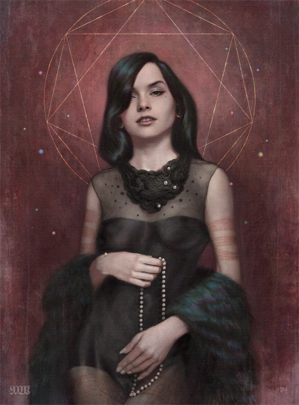 In a Tom Bagshaw digital painting, a woman with long dark hair stands against a maroon backdrop with geometric lines and dots. She dons a black outfit with a lace collar, holds pearls, and has a hand-embellished dark wrap draped over her arms.