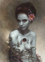 This digital artwork by Tom Bagshaw depicts a pale-skinned woman with flower-adorned hair. Mechanical elements emerge from her chest, intertwined with wires and branches. The muted, ethereal background is dotted subtly with glowing points, evoking the Supersonic Electronic Invitational style.
