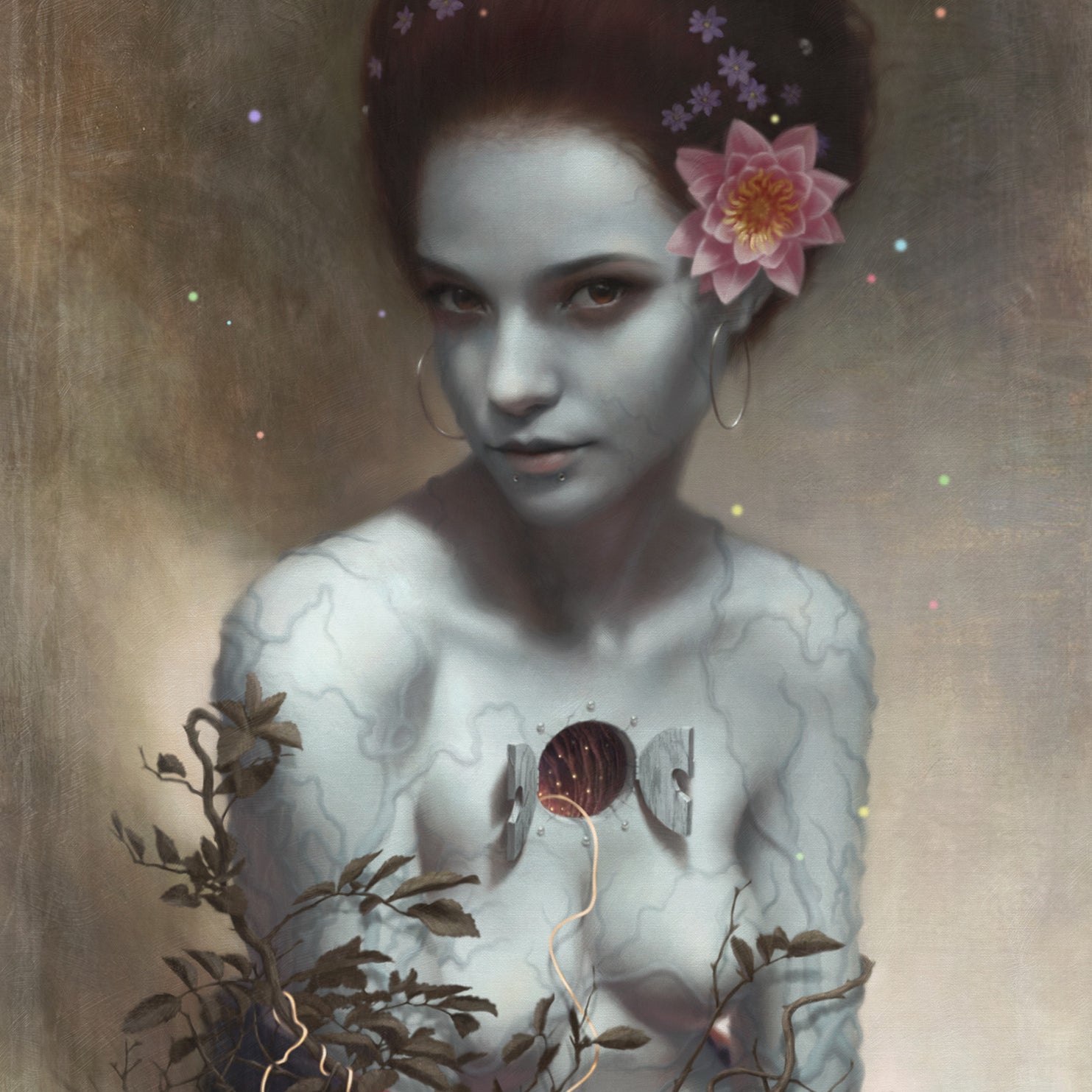 This digital artwork by Tom Bagshaw depicts a pale-skinned woman with flower-adorned hair. Mechanical elements emerge from her chest, intertwined with wires and branches. The muted, ethereal background is dotted subtly with glowing points, evoking the Supersonic Electronic Invitational style.