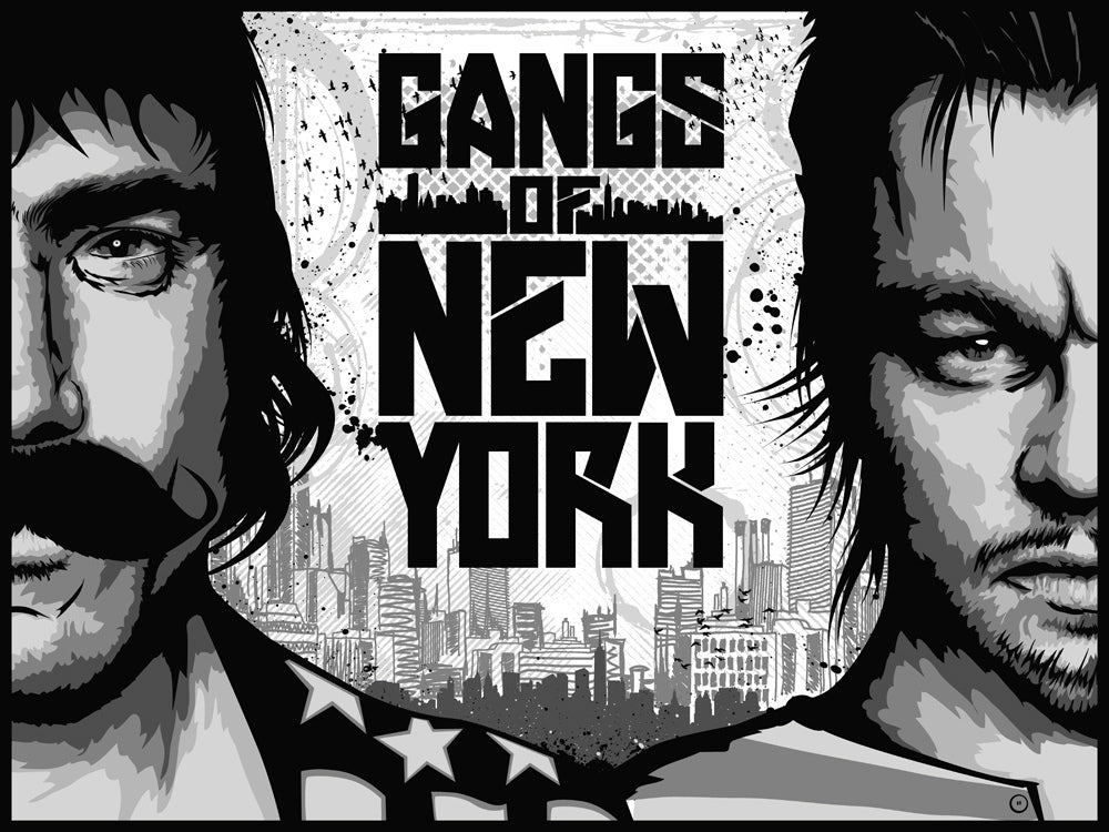 The Toobs limited edition Gangs of New York screen print in black and white shows two men, one with a mustache and the other looking stern, against a stylized city skyline. The title is boldly displayed at the center, paying homage to Martin Scorseses vision.