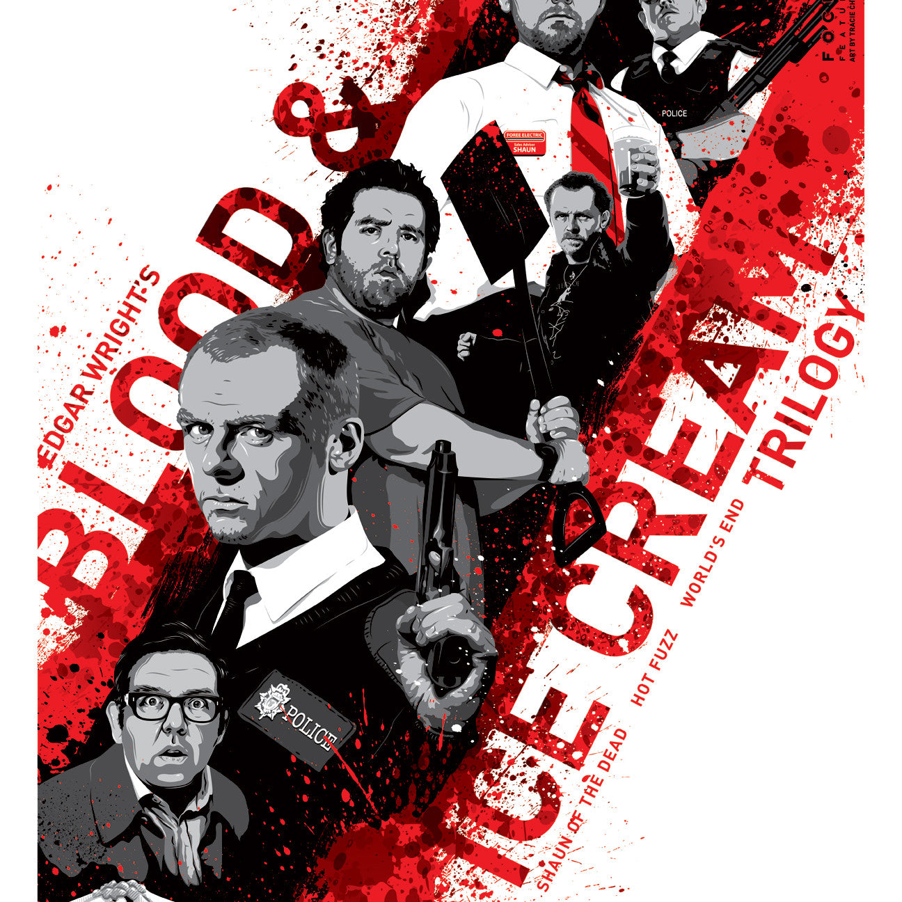 This limited edition fine art giclee print by Tracie Ching features an illustrated poster for Edgar Wrights Blood & Ice Cream Trilogy, showcasing men with weapons, badges, ice cream, and a backdrop of red splatters and bold text promoting the trilogy’s films.