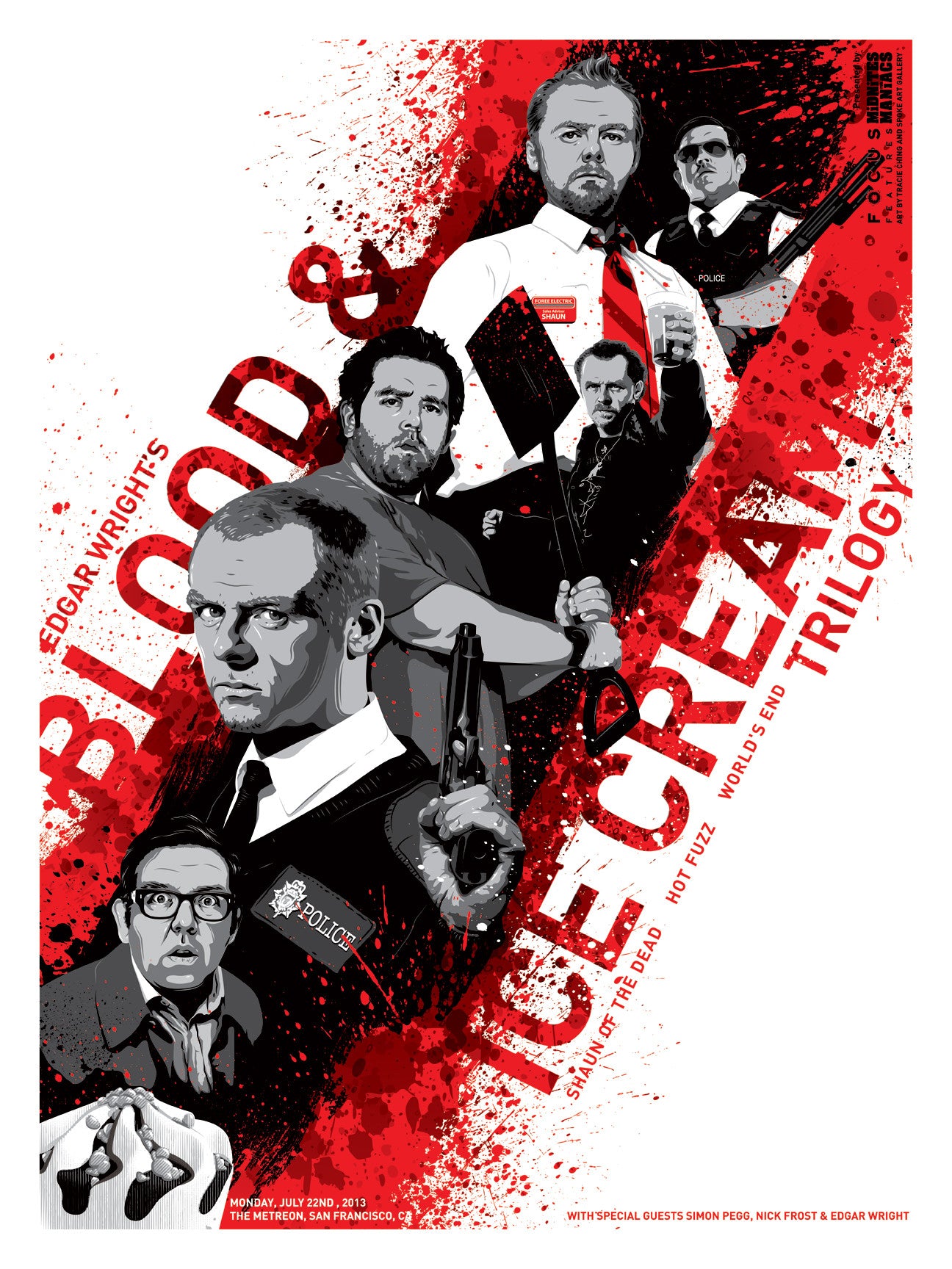 This limited edition fine art giclee print by Tracie Ching features an illustrated poster for Edgar Wrights Blood & Ice Cream Trilogy, showcasing men with weapons, badges, ice cream, and a backdrop of red splatters and bold text promoting the trilogy’s films.