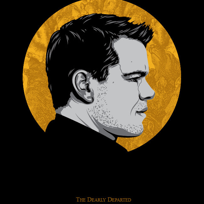 This limited edition screen print by Tracie Ching features a profile of a short-haired man against a textured golden circle, titled The Dearly Departed. Set against a dark background, it was crafted for the Martin Scorsese art show.