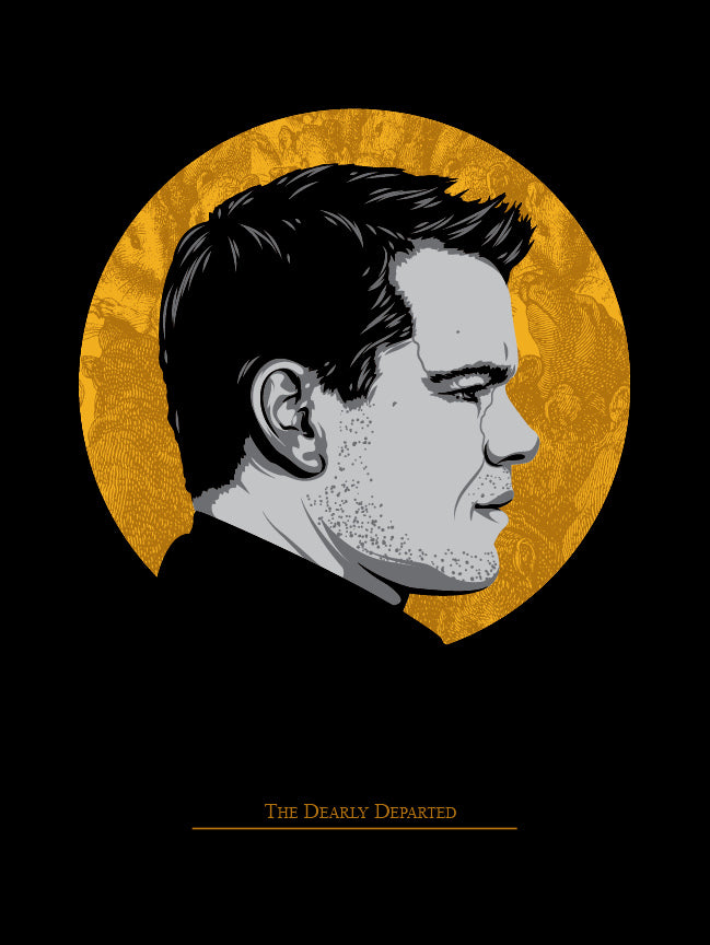 This limited edition screen print by Tracie Ching features a profile of a short-haired man against a textured golden circle, titled The Dearly Departed. Set against a dark background, it was crafted for the Martin Scorsese art show.