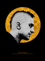 An illustration of a man with a mohawk facing right on a yellow circle with map patterns, titled The Taxi Driver, is centered at the bottom. This limited edition artwork by Tracie Ching, ideal for Scorsese art fans, features a black background.