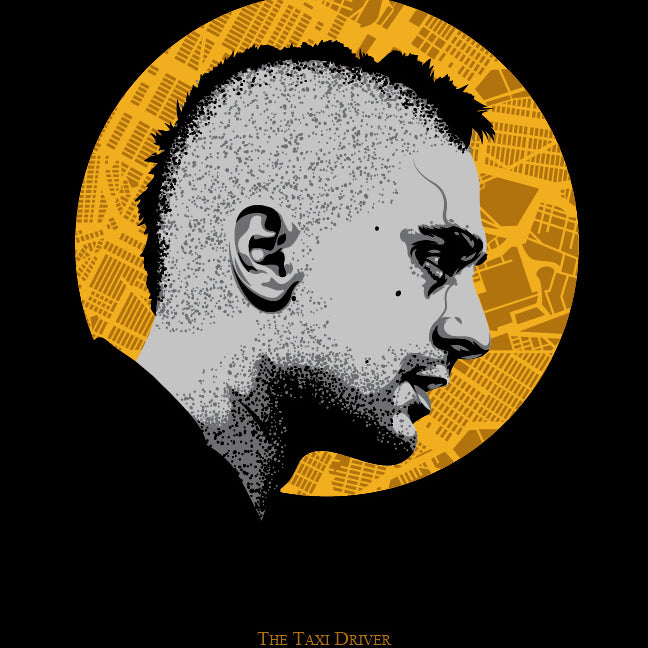 An illustration of a man with a mohawk facing right on a yellow circle with map patterns, titled The Taxi Driver, is centered at the bottom. This limited edition artwork by Tracie Ching, ideal for Scorsese art fans, features a black background.