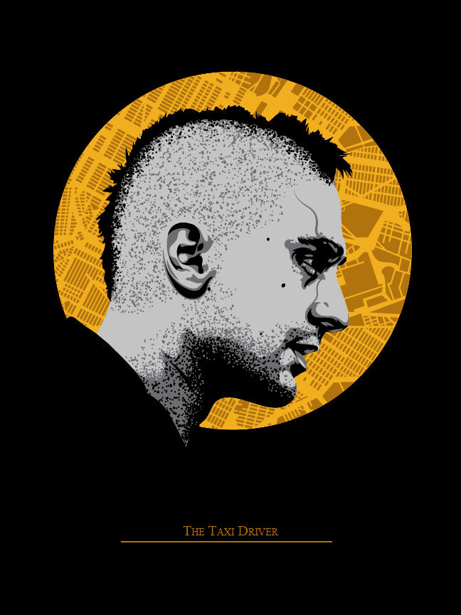 An illustration of a man with a mohawk facing right on a yellow circle with map patterns, titled The Taxi Driver, is centered at the bottom. This limited edition artwork by Tracie Ching, ideal for Scorsese art fans, features a black background.