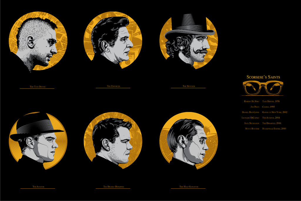 This limited edition Tracie Ching screen print features six illustrated portraits of men in profile, each wearing distinct hats and hairstyles within circular frames. Accompanied by text labels like The Driver and The Rat Governor, it captures a style reminiscent of Martin Scorseses films.