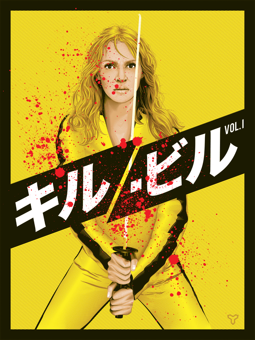 Illustration by Tracie Ching: a yellow-haired warrior in a bright yellow jumpsuit, wielding a katana with blood splatter. She stands against a vibrant yellow background reminiscent of silkscreen print, featuring prominent Japanese text and VOL. 1.