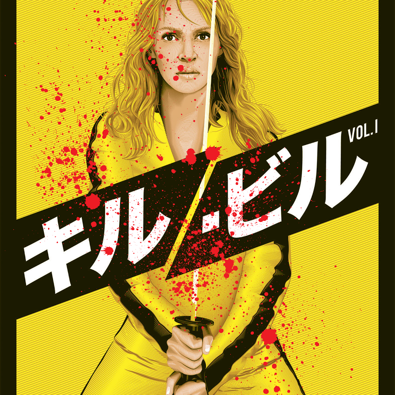 Illustration by Tracie Ching: a yellow-haired warrior in a bright yellow jumpsuit, wielding a katana with blood splatter. She stands against a vibrant yellow background reminiscent of silkscreen print, featuring prominent Japanese text and VOL. 1.