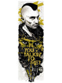 Illustration by Rhys Cooper featuring a man with a mohawk, intense eyes, a skull, and You Talkin to Me? in yellow. A vintage revolver adds grit to this Martin Scorsese fan art screen print, capturing edgy flair.