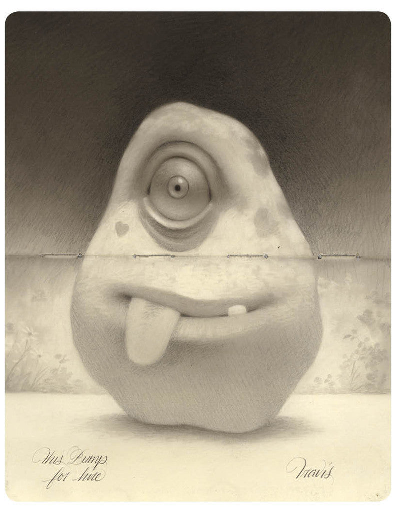 Travis Louies whimsical creature, with one eye and tongue out, resembles a soft, lumpy stone. Set against a graphite background enhancing its playful monochrome vibe, it features the words Curious Bump for Hire and Wow! at the bottom.