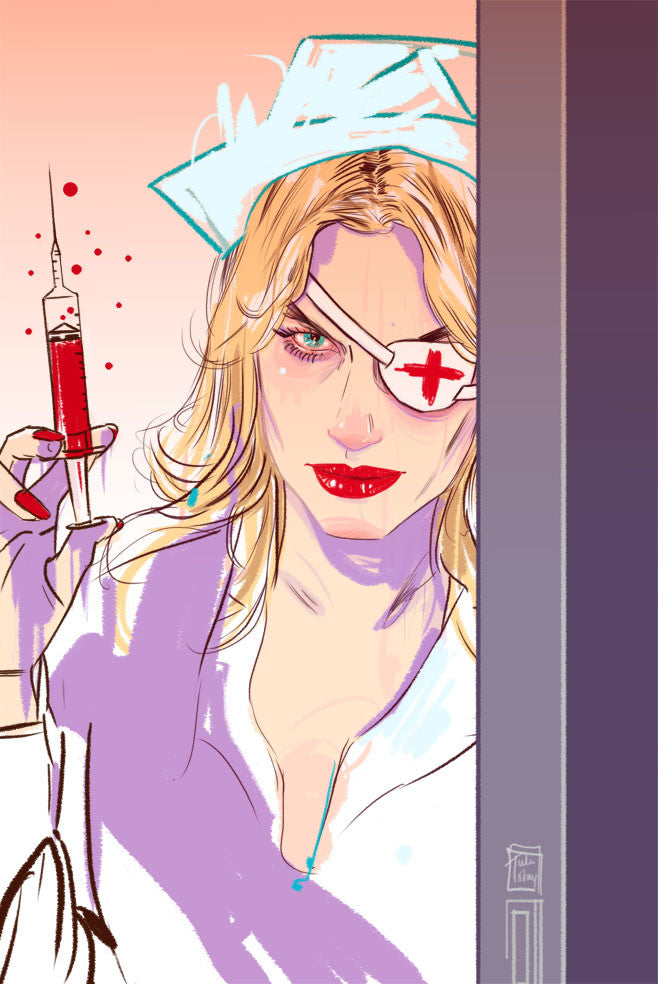 A blonde nurse with an eyepatch adorned with a red cross and bright red lipstick holds a syringe filled with red liquid. Styled after Tula Lotay, the illustration features a fine art giclee gradient background transitioning from peach to purple.