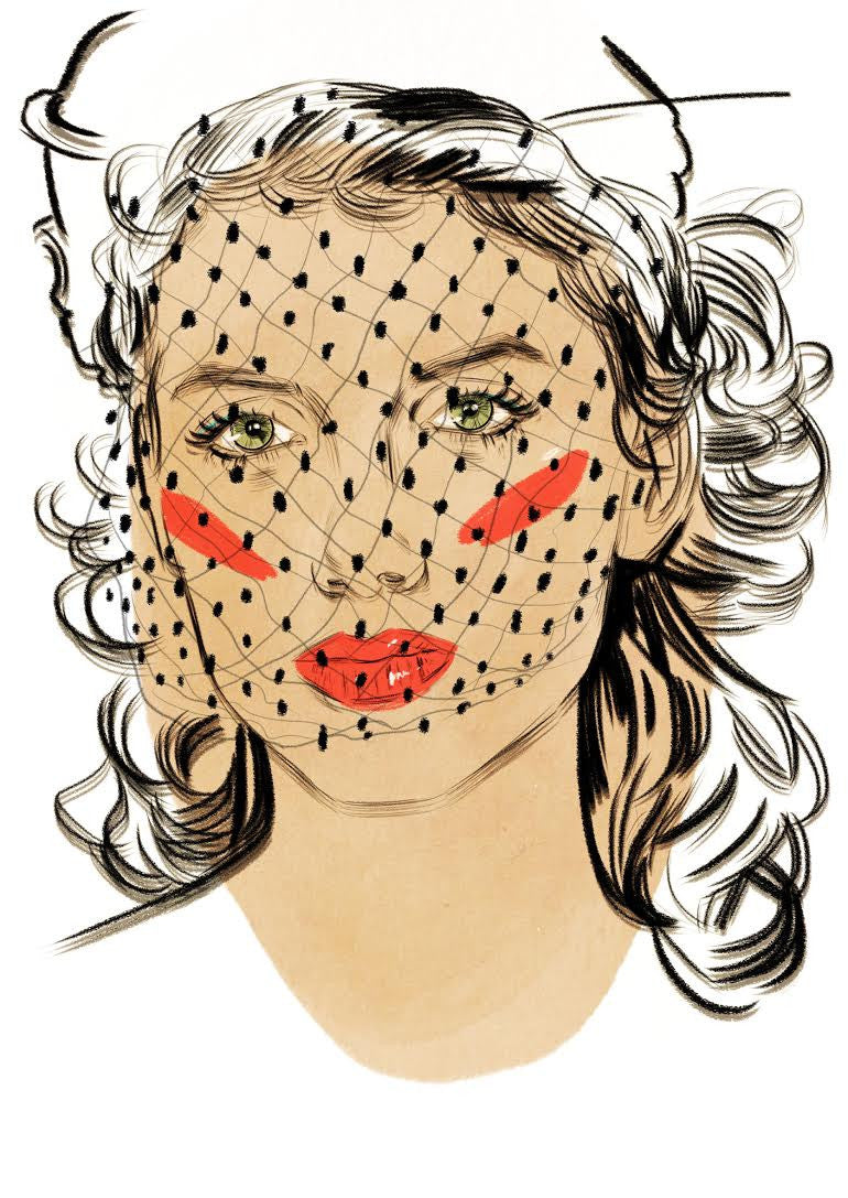This expressive illustration from Tula Lotay showcases a woman with curly hair beneath a netted black-dotted veil. Her bold red blush and vibrant lipstick bring a retro flair, captured in flowing lines similar to fine art giclee techniques.