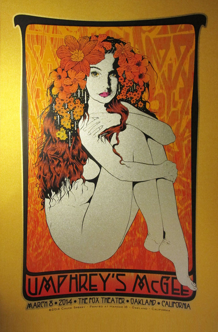 The Chuck Sperry Gold Edition concert poster for Umphreys McGee showcases an illustrated woman with flowing red hair and flowers, set against an intricate background. The event took place on March 8, 2014, at The Fox Theater in Oakland, California.
