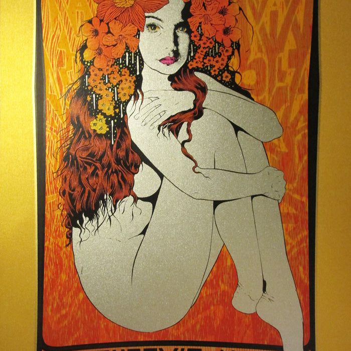 The Chuck Sperry Gold Edition concert poster for Umphreys McGee showcases an illustrated woman with flowing red hair and flowers, set against an intricate background. The event took place on March 8, 2014, at The Fox Theater in Oakland, California.