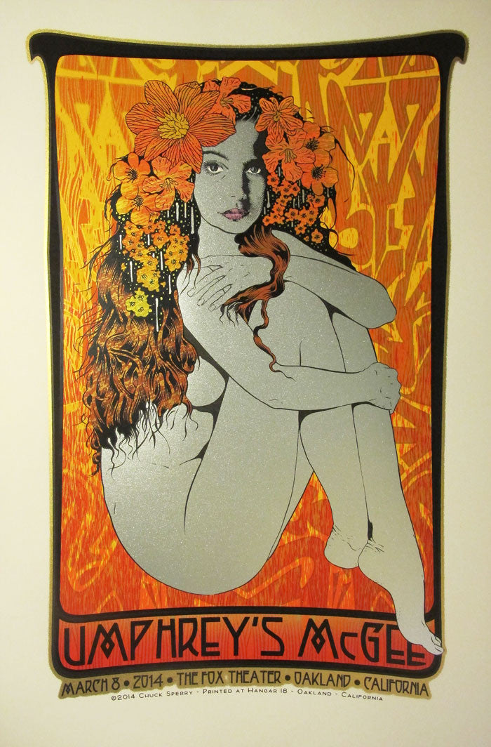 Chuck Sperrys artistic poster features a woman with flowing hair and flowers against an orange-yellow backdrop, printed on archival cream paper. It commemorates Umphreys McGee, March 8, 2014, The Fox Theater, Oakland, California at the bottom.