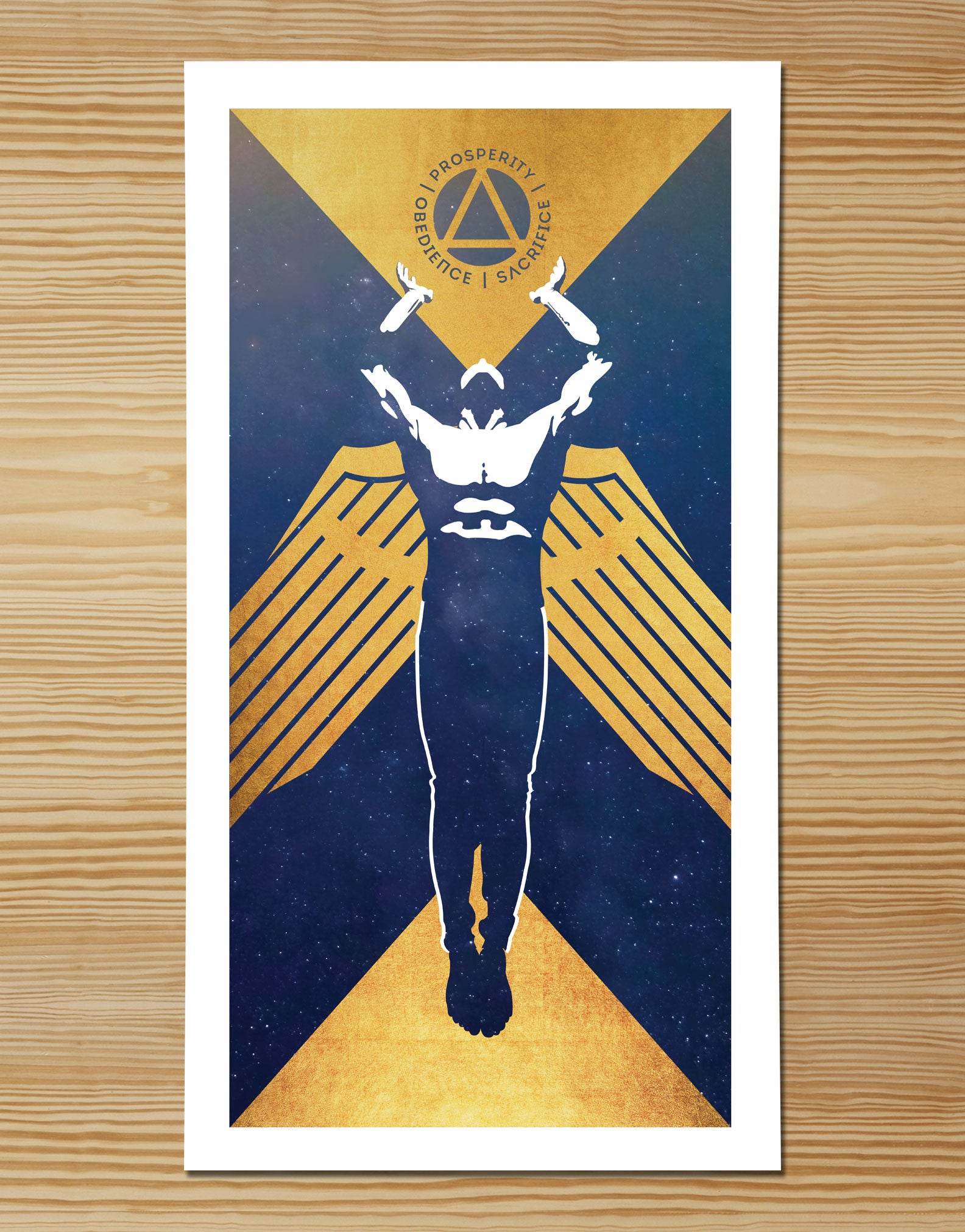 A Joel Daniel Phillips poster showcases a propaganda-style silhouette with outstretched arms holding torches, golden wings against a dark blue backdrop, and a circular emblem reading Prosperity | Service | Sacrifice.