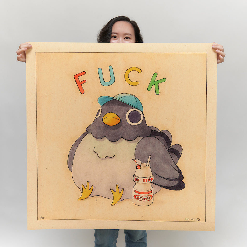 Artist Felicia Chiao holding Fuck Pigeon with Yakult large format print for Spoke Art Gallery
