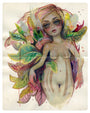 An Original Art piece featuring a whimsical, expressive illustration of a woman surrounded by oversized colorful leaves. Her dreamy eyes and subtle body features blend seamlessly into the leaves with metallic paint, reminiscent of Tatiana Suarez’s unique touch.