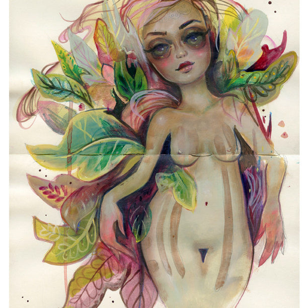 An Original Art piece featuring a whimsical, expressive illustration of a woman surrounded by oversized colorful leaves. Her dreamy eyes and subtle body features blend seamlessly into the leaves with metallic paint, reminiscent of Tatiana Suarez’s unique touch.