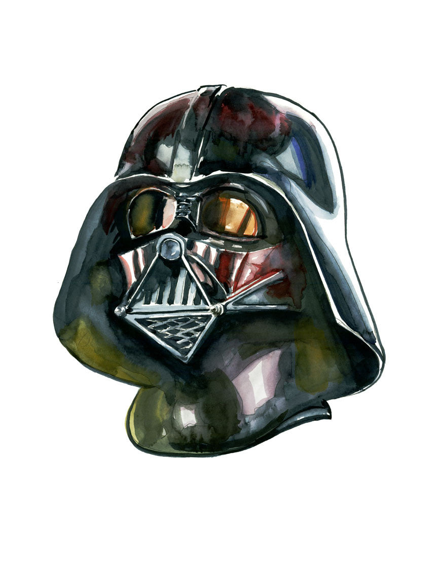 Part of Tim Doyles Shiny Objects series, this watercolor painting features a helmet resembling Darth Vaders mask from Star Wars, with reflective surfaces and detailed shading. The helmet displays a black glossy finish and intricate designs, available as a fine art giclee print.