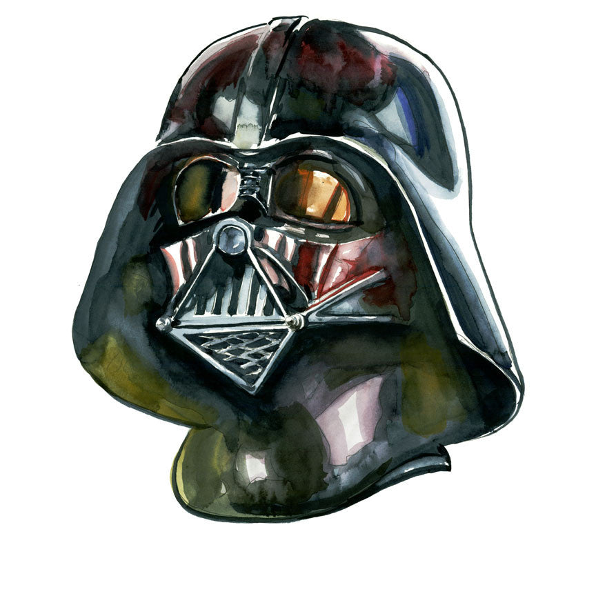 Part of Tim Doyles Shiny Objects series, this watercolor painting features a helmet resembling Darth Vaders mask from Star Wars, with reflective surfaces and detailed shading. The helmet displays a black glossy finish and intricate designs, available as a fine art giclee print.