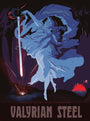Fernando Rezas fine art lithograph showcases a mythical figure in blue wielding a glowing sword over a dark landscape. Red sparks fly as Valyrian Steel touches the ground, with a red castle and moon looming in the background and Valyrian Steel inscribed below.