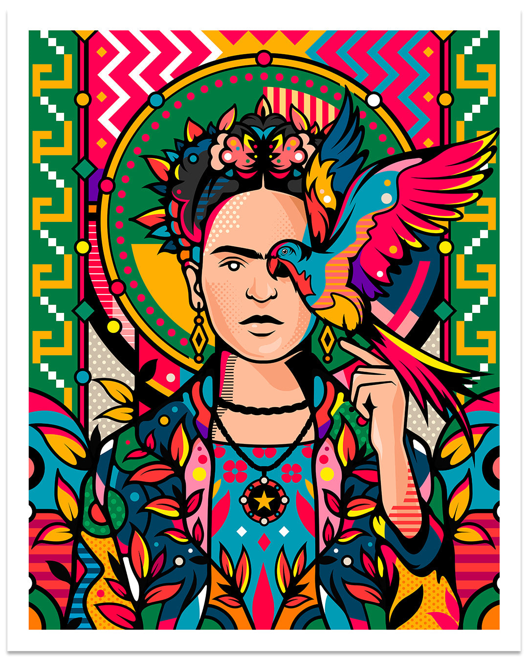 Frida Kahlo portrait in pop colors with left arm raised with parrot balancing on finger on colorful geometric background