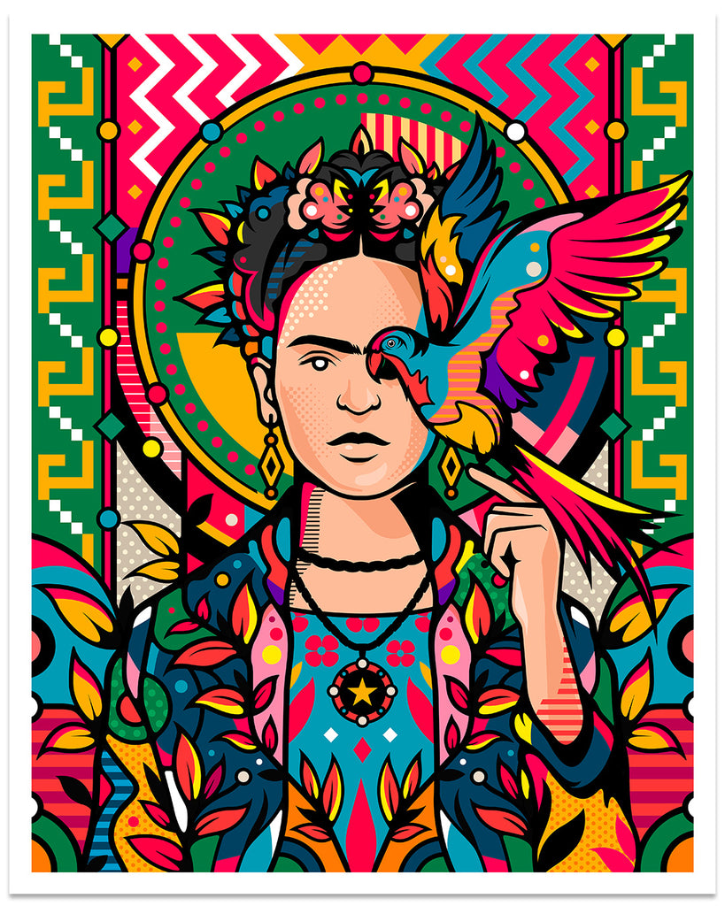 Frida Kahlo portrait in pop colors with left arm raised with parrot balancing on finger on colorful geometric background