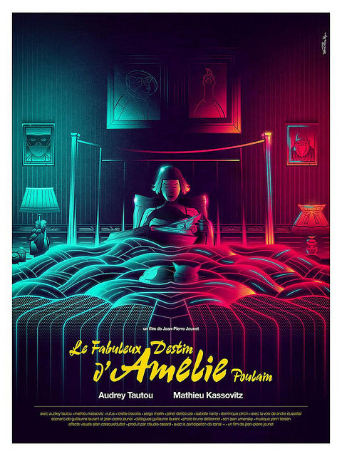 Van Orton Designs Giclee edition poster for Le Fabuleux Destin dAmélie Poulain showcases a woman on a bed in a dimly lit, cozy room decorated with framed fine art. The film’s title and actors names are prominently displayed.