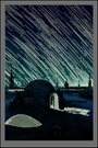 This glow-in-the-dark screen print by Tim Doyle features a futuristic landscape with a domed structure and pathway under streaking meteors. Evoking an alien planet in blues and greens, it reflects a night setting. The piece is part of a signed and numbered edition.