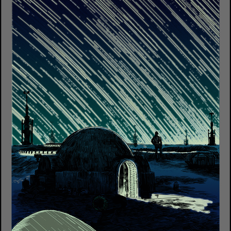 This glow-in-the-dark screen print by Tim Doyle features a futuristic landscape with a domed structure and pathway under streaking meteors. Evoking an alien planet in blues and greens, it reflects a night setting. The piece is part of a signed and numbered edition.