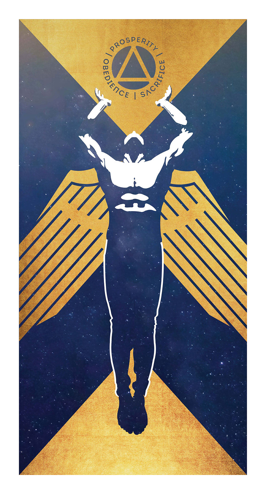 A Joel Daniel Phillips illustration shows a person with outstretched arms and gold wings, capturing the fine art giclee essence. Above is a triangle with a circle featuring smaller elements and the words: Prosperity, Obedience, Sacrifice, set against a starry night with gold decorative patterns.