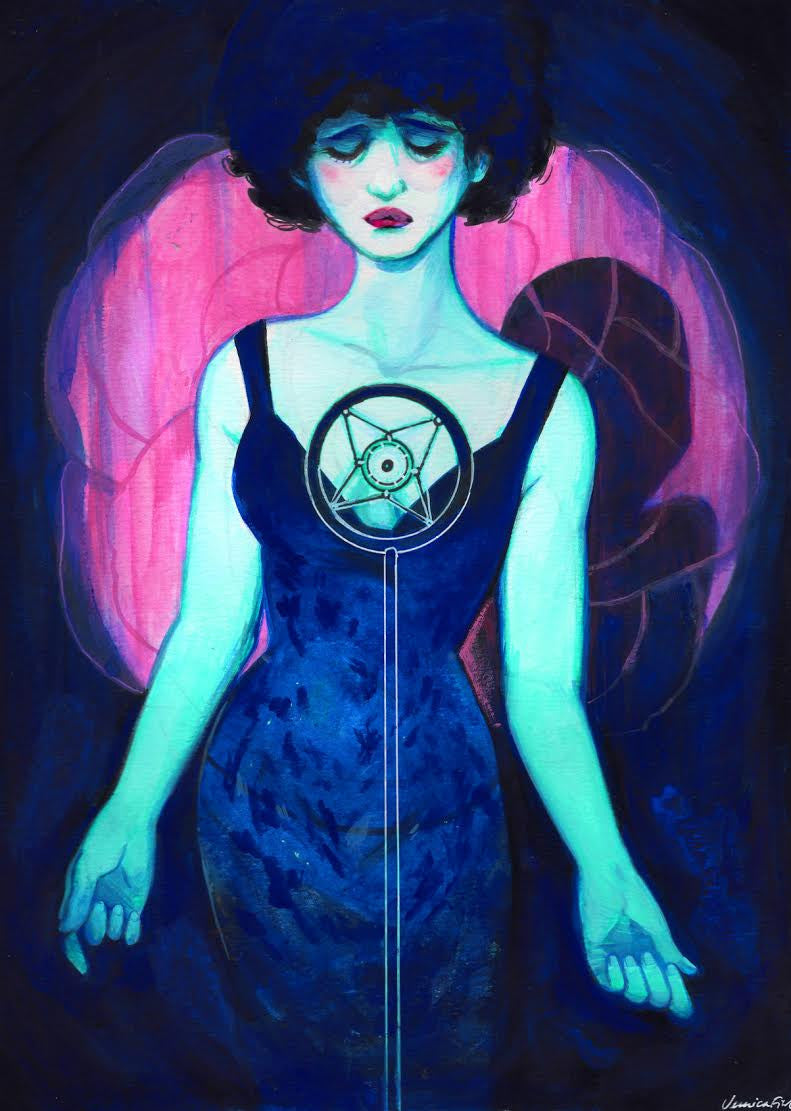 This Veronica Fish artwork features a blue-skinned, dark-haired woman in a star-emblazoned dark dress with eyes closed and arms outstretched against an abstract pink backdrop. Created in gouache on cold press paper, it is available for sale.