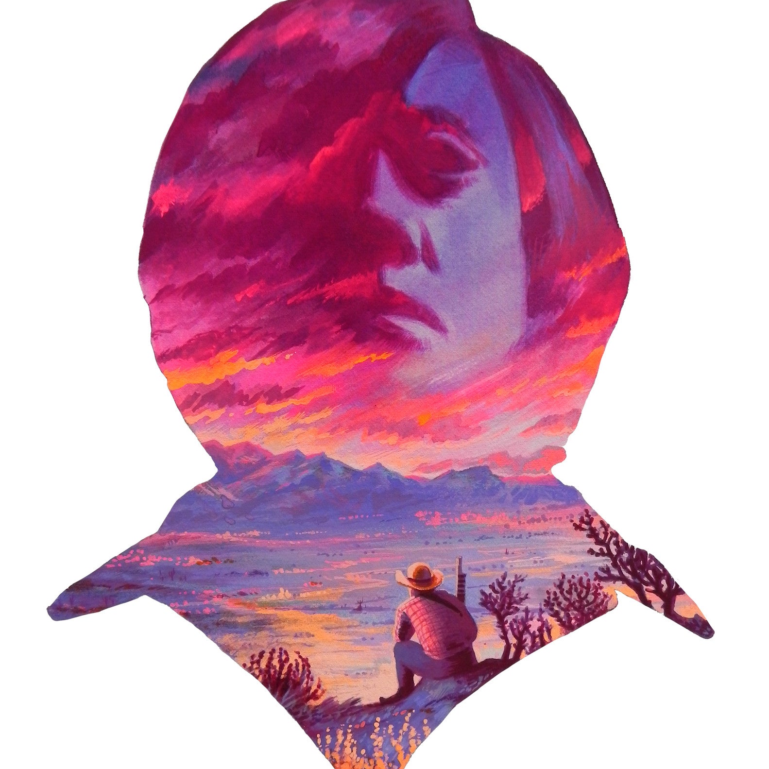 A Print silhouette features a serene face against a vivid pink and purple sky above, while below, a traveler in a hat enjoys the scenic landscape of mountains and vibrant skies by the lake.