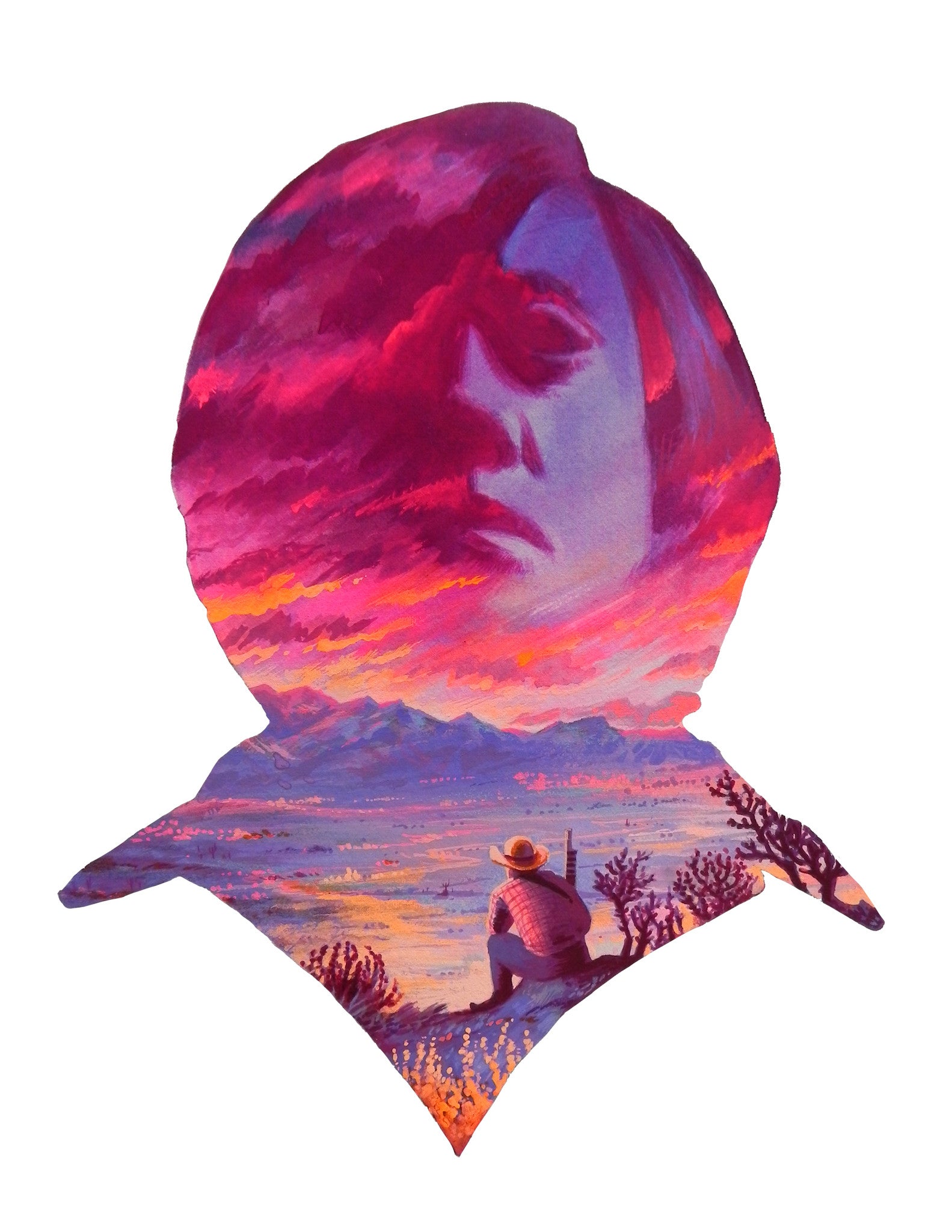A Print silhouette features a serene face against a vivid pink and purple sky above, while below, a traveler in a hat enjoys the scenic landscape of mountains and vibrant skies by the lake.