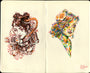 Ville Ericssons artwork at Spoke Art Gallery features two sketches: the left shows a wired, mechanical introvert, while the right displays an extrovert with a colorful, vibrant portrait adorned with a flower.