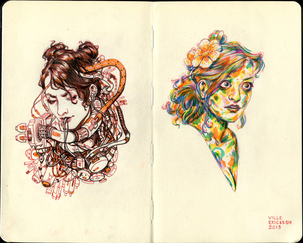 Ville Ericssons artwork at Spoke Art Gallery features two sketches: the left shows a wired, mechanical introvert, while the right displays an extrovert with a colorful, vibrant portrait adorned with a flower.