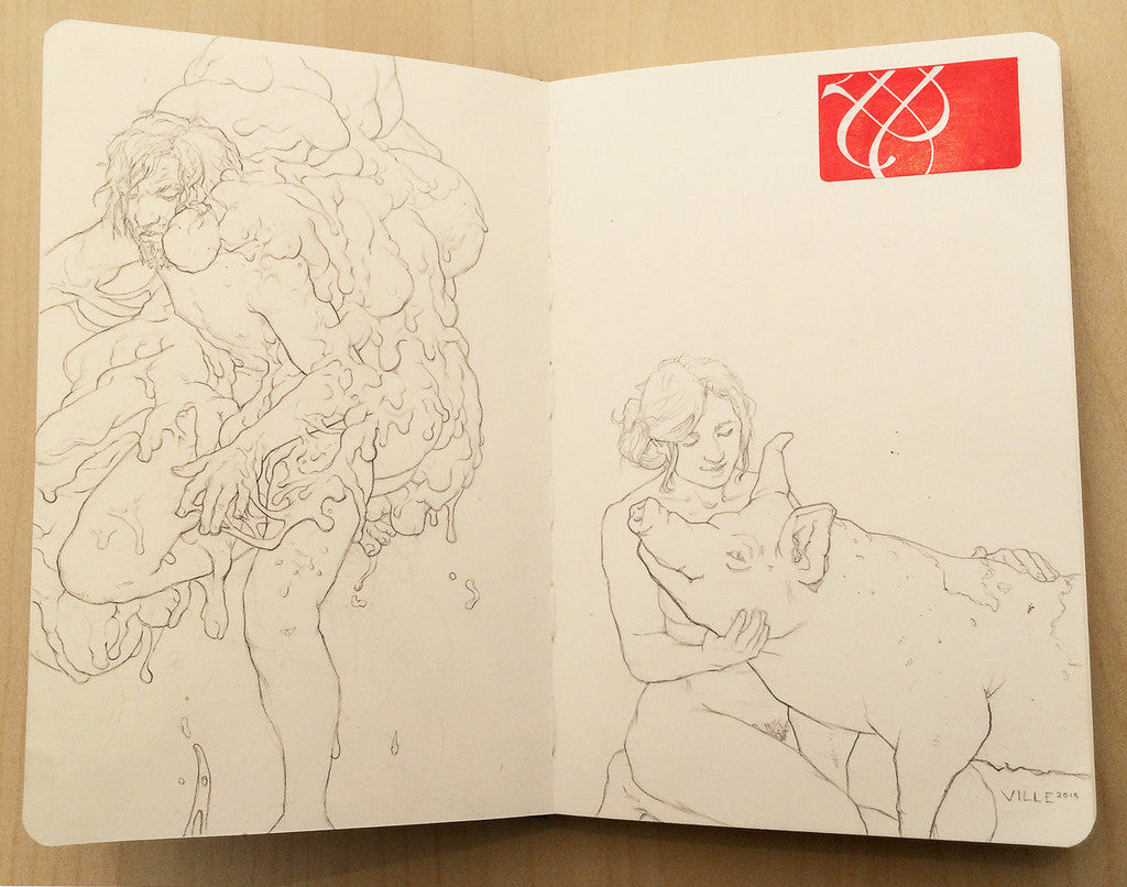 Two-page sketchbook spread by Ville Ericsson: left page features a figure draped in a flowing substance; right page shows a smiling person petting a pig nuzzling their shoulder. A red sticker with white design adorns the top right corner. Drawn with pencil on Moleskine.
