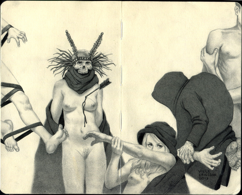 A surreal pencil and ink piece by Ville Ericsson presents a skull-figured headdress amidst disjointed limbs. Dramatic shading partially conceals a cloaked woman in the foreground. This 2013 Moleskine artwork is signed by Ville Ericsson.